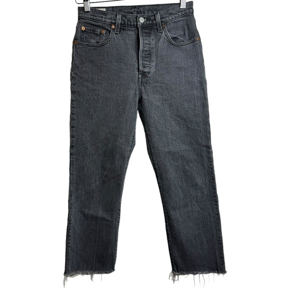 Levis 501 High Rise Straight Leg Faded Black Denim Raw Cut Off Hem Jeans 25 - Picture 1 of 16